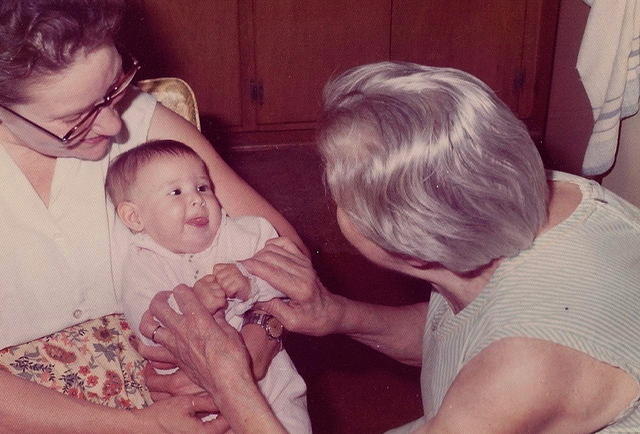 Marietta Ritz Cohn holding Amy Cohn and Anna Ritz at Mary's Birthday - Sept 29, 1972