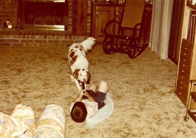 Todd Cohn playing tug of war with socks with Faygel, 7984 W 114th Terr, Quail Valley