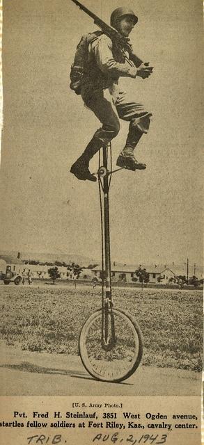 Fred Steinlauf bike, bicycle, unicycle, Fort Riley, KS 1943