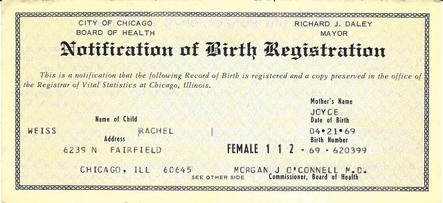 Rachel Weiss Feit Birth Registration, 1969