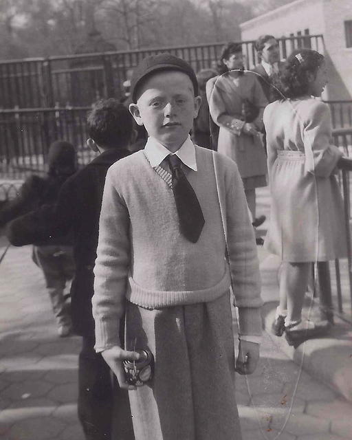 Joe Weiss, Prospect Park, Brooklyn, NY holding can of bubbles from Violet Silvern. Abt 1945.