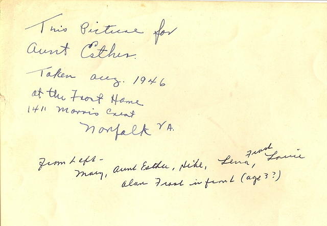 Marietta Ritz Cohn, Esther Baellow Wolfson, Hike Cohn Schulman, Libby Baellow Cohn, Louis Cohn, Alan Frash, Norfolk, VA - 1946 (back)