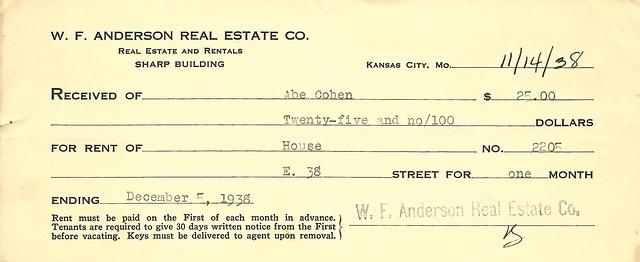 Abe Cohn $25 check for rent
