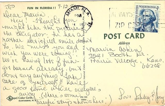 Postcard to Marvin Cohen form Libby & Joey Cohen Needle, 1976
