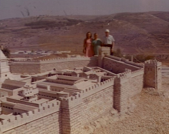 Ana Cohen (Israel Cohen's wife), Shaya and Klara Balaban. Little Jerusalem near the Holyland Hotel, Oct 1972
