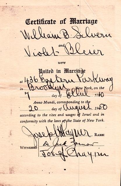 Bill and Violet Bleier Silvern, Marriage Certificate, 1950